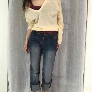 Le Din Washed Straight Roll-up Capri Denim Pants