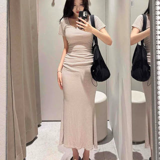 Low Deep U-Neck Maxi Striped Long Dress