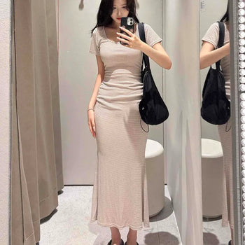 Low Deep U-Neck Maxi Striped Long Dress