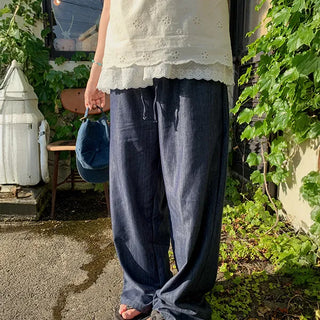 Burning Non-Fade Wide Pants Dark Blue Raw Denim Straight Pants Plus Size Lower Body Cover Summer