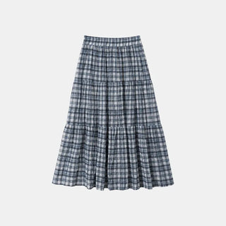 Vintage Blue Plaid Tiered Maxi Skirt