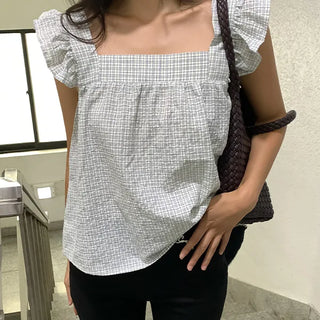 Ollie Check Shirred Wing Sleeveless Sleeveless Blouse
