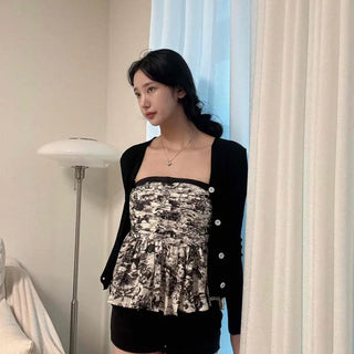 Black Printed Shirred Elastic Tube Top Slim Cardigan Set