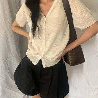 Eloa Shirred Punching V-Neck Summer Short Sleeve Cardigan