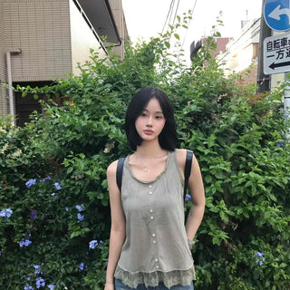 Regular Fit Plain Button Pintuck Layered Sleeveless