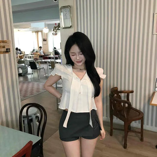 Tinkerbell Tie Pintuck Puff Crop Blouse