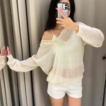 Loose Fit Plain Henley Neck See-through Daily Long Sleeve T-shirt