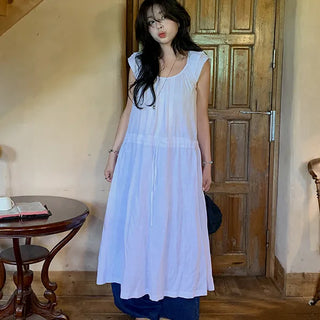 Milk Moon Linen Lace Cap Sleeve Long Dress Sleeveless String Sleeveless Dress Body Cover Resort Look Vacation Look Summer