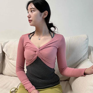 Shirred Twist Cross Slim Fit Plain Long Sleeve T-shirt