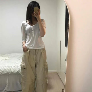 Cargo Pocket Button Zipper Cargo Loose Fit Long Pants