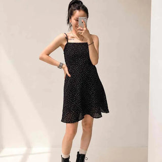 Shirred Frill Flower Dot Strap A-Line Mini Dress