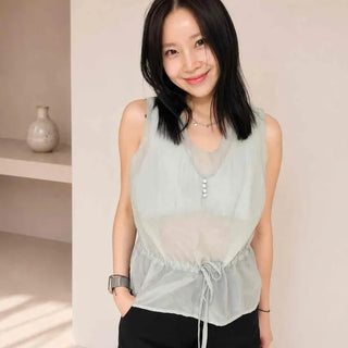 Shirred String Button See-through Sleeveless Blouse