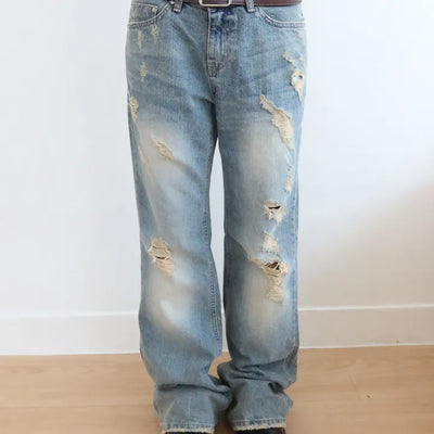 Distressed Damaged Vintage Semi-Bootcut Denim Pants