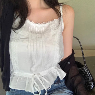 Flam Lace String Pintuck Sleeveless Blouse
