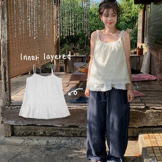 Forest Embroidered Bustier Layered Long Sleeveless Flower Lace Punching U-Neck V-Neck Adjustable Strap Inner Spring Summer Sleeveless Sleeveless Blouse
