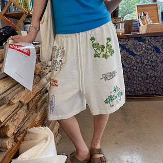 Palm Tree Linen Embroidered Bermuda Shorts Knee-length Shorts Loose Fit Wide Pants Unisex Vacation Look Summer
