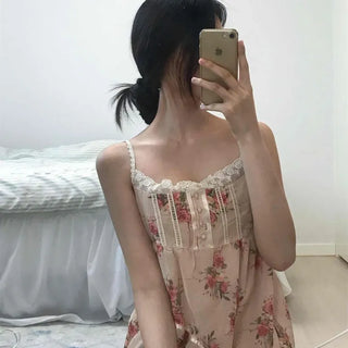 Shirred Frill Flower Strap A-Line Sleeveless Long Dress