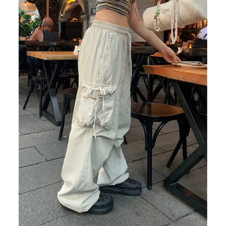 washed cargo ribbon wide pants