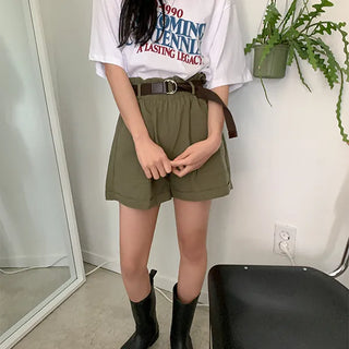 Prapin Pocket High-Waist Elastic Shorts Half Pants Belt Set
