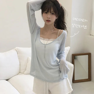 Cooling Summer See-through Deep V-Neck Loose Fit Long Sleeve T-shirt