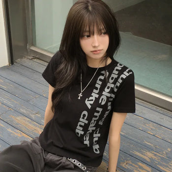 Effortless Chic, Lettering Print Round Neck Loose Fit Short Sleeve T-shirt