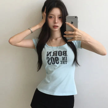 Lettering Print Square Neck Slim Fit Mint Short Sleeve T-shirt