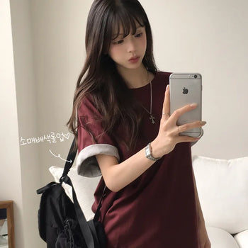 Effortlessly chic, Contrast Roll-up Round Neck Plain Loose Fit Short Sleeve T-shirt