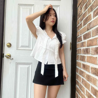 Loose Fit Plain Pintuck Ribbon Short Sleeve Blouse
