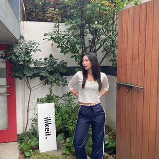 Loose Fit Contrast Color Drawstring Zipper Slit Wide Long Pants