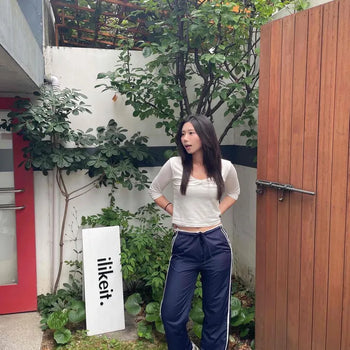 Loose Fit Contrast Color Drawstring Zipper Slit Wide Long Pants