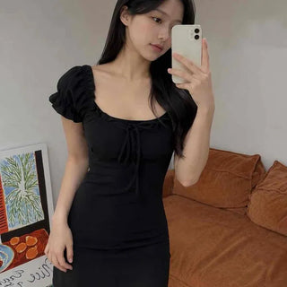 Shirred Frill Ribbon String Plain Slim Fit Mini Dress