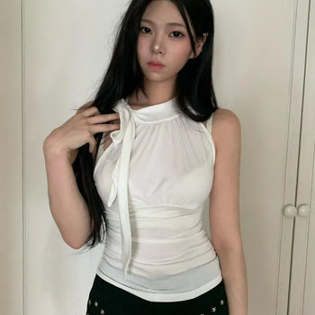 Shirred Ribbon Strap Plain Slim Fit Sleeveless