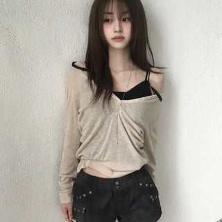 Slender Button See-through Long Sleeve T-shirt