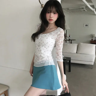 Lena Small Floral Lace 3/4 Sleeve T-shirt