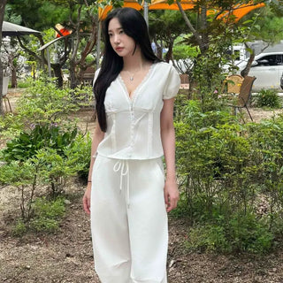 Button Pintuck Shirring Button-Down Slim Fit Short Sleeve Blouse
