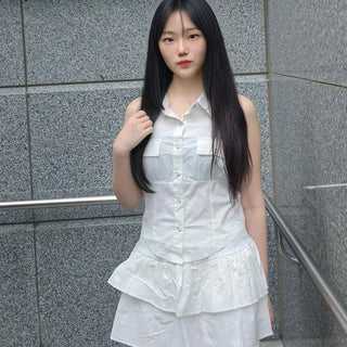 Sleeveless Button Flap Pocket Shirred Tiered Daily Two-Piece