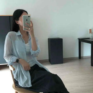 Oversized Plain Button-Down Flap Pocket See-Through Long Sleeve Shirt