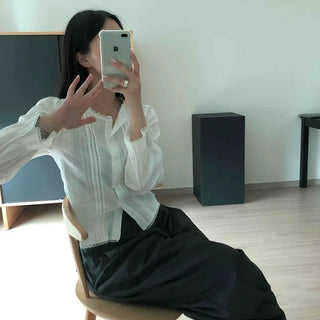 Loose-fit Plain Pintuck Frill Button-down Long Sleeve Blouse