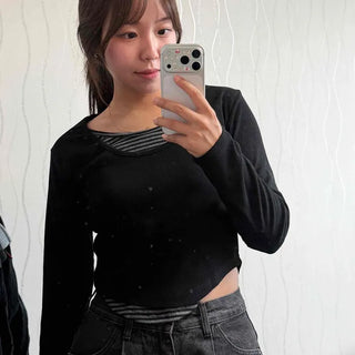 Color Block Stripe Plain Layered Slim Fit Long Sleeve T-shirt