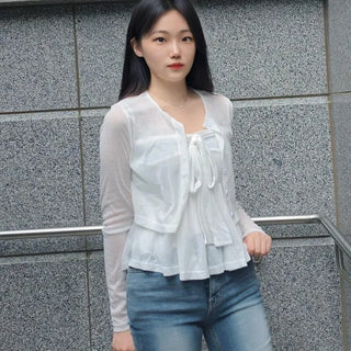 Ribbon Button Button Down Regular Fit Plain Long Sleeve Cardigan