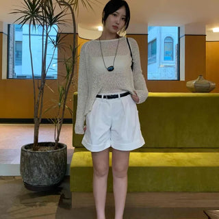 Pintuck Shirred Zipper Button Wide Loose Fit Shorts