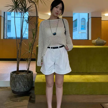 Pintuck Shirred Zipper Button Wide Loose Fit Shorts