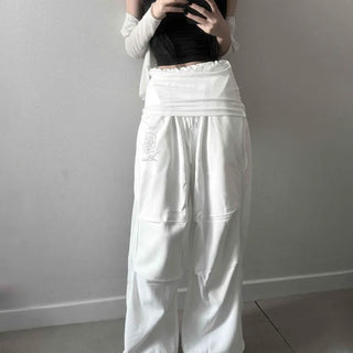 Shirred String Flap Pocket Cutout Oversized Printed Wide Long Pants