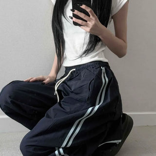 Shirred String Contrast Flap Pocket Striped Loose Fit Wide Long Pants