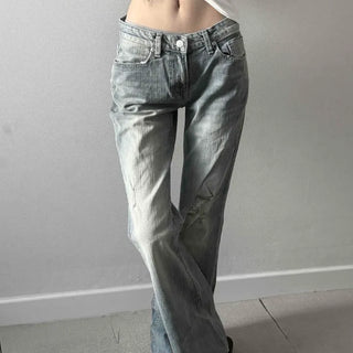 Washed Double Pocket Button Zipper Loose Fit Bootcut Long Pants