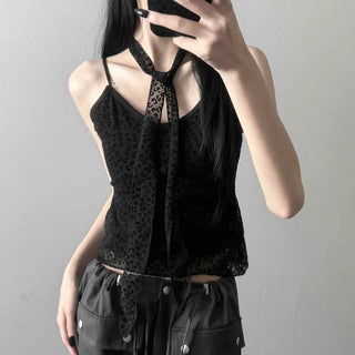 Ribbon Strap Slim Fit Leopard Sleeveless Top