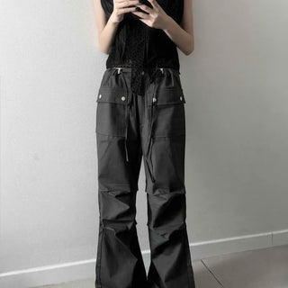 String Flap Pocket Snap Wide Loose Fit Long Pants