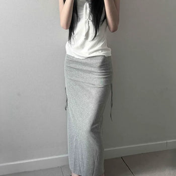 Shirred String Slit Slim Fit Long Skirt