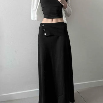 Button Cut Wrap Slit Flare Loose Fit Long Skirt