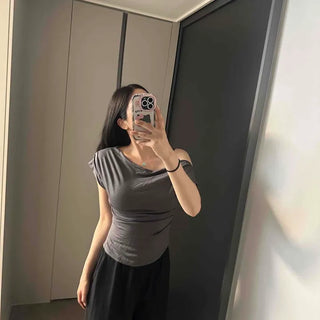 Shirred Slim Fit Plain Short Sleeve T-shirt
